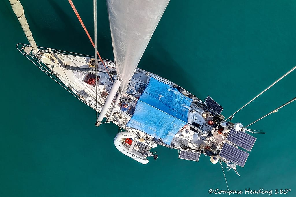 Our sailboat photographed from above while climbing the mast