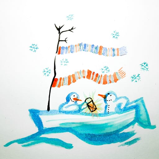 Vesivärimaalaus joka esittää lumesta tehtyä purjevenettä ja kahta lumiukkoa sen kyydissä